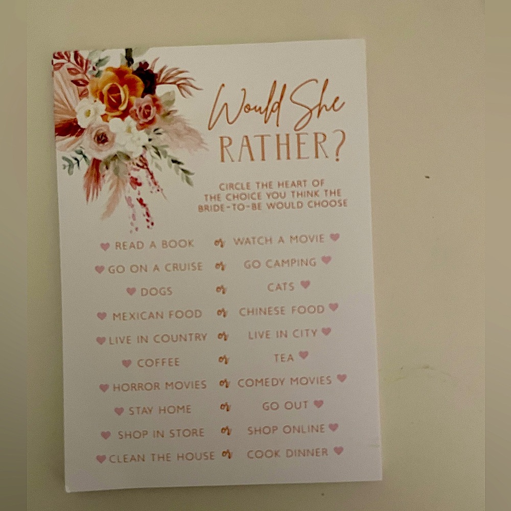 20 pack Would She Rather Bridal Shower Party Game